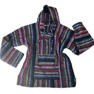 Artesanias Cuamatz Surfer Beach Woven Mexican Baja Blanket Poncho Hoodie XL 261J